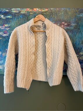 L.L. Bean 100% Wool Cable-Knit Zip Cardigan made in Ireland